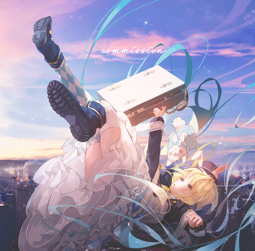 1girl absurdres animal_ears aqua_hair blonde_hair blush boots bow building collar commission dress fake_animal_ears falling floating_hair frilled_dress frills gradient_hair hat highres holding holding_suitcase horizon multicolored_hair original patch_oxxo plaid_clothes plaid_legwear pocket_watch puppet rabbit_ears shoe_soles sky star_(sky) suitcase thighhighs top_hat twilight watch zettai_ryouiki