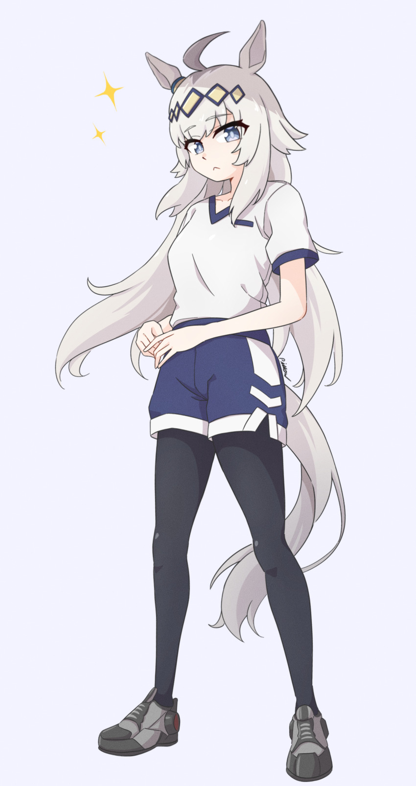 1girl absurdres ahoge animal_ears black_pantyhose blue_eyes closed_mouth commentary ear_ornament frown full_body grey_hair grey_shoes gym_shirt gym_shorts gym_uniform hair_ornament highres horse_ears horse_girl horse_tail kasamatsu_tracen_training_uniform looking_at_viewer makuraapillow medium_hair oguri_cap_(umamusume) pantyhose pantyhose_under_shorts shirt shoes short_sleeves shorts sneakers solo sparkle standing t-shirt tail umamusume umamusume:_cinderella_gray v-neck white_shirt