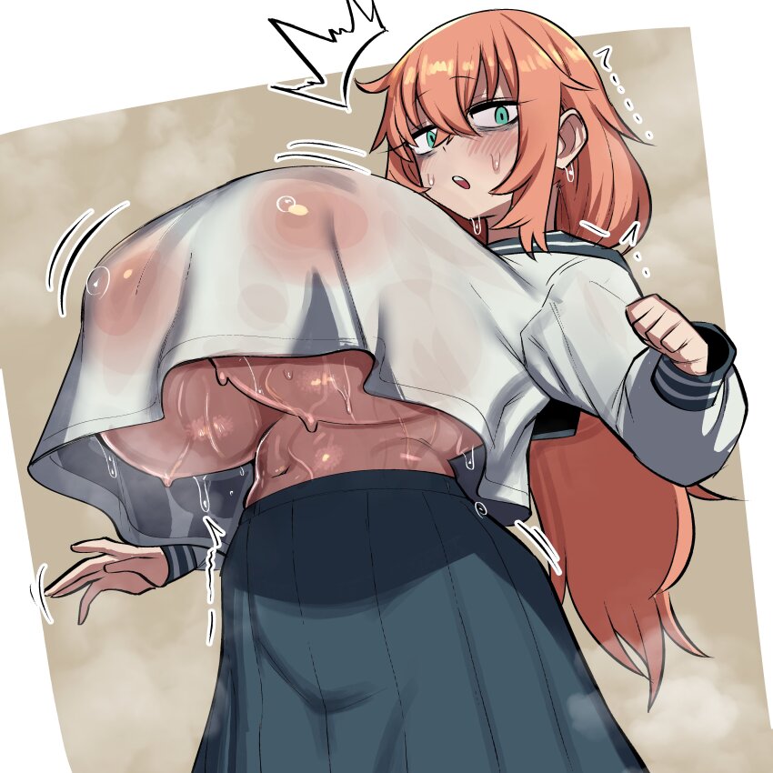 1girl absurdres bags_under_eyes blue_skirt blush breast_curtains breasts cleavage crossed_bangs from_below geulimykun_(skbyunea413) gigantic_breasts green_eyes hair_between_eyes highres long_hair low_taintails michinoku_komaro navel open_mouth orange_hair sailor_collar school_uniform seitokai_ni_mo_ana_wa_aru! shirt skirt solo standing sweat underboob very_sweaty white_shirt