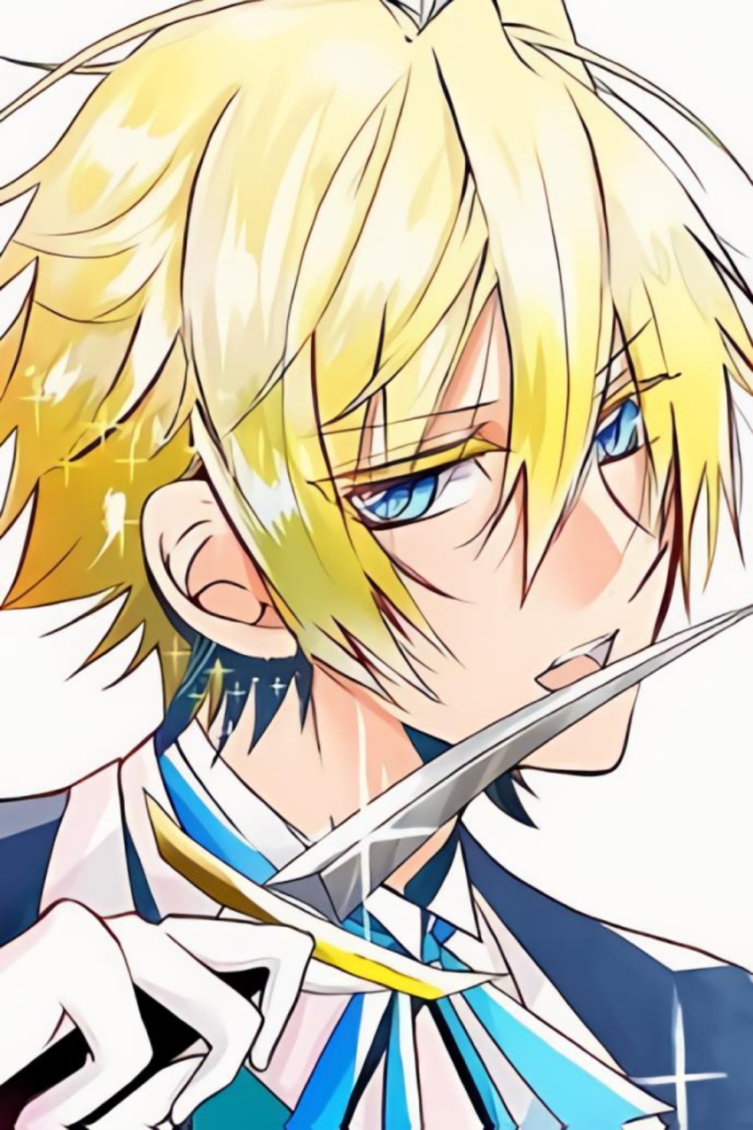 1boy blonde_hair blue_eyes formal_clothes highres knife looking_at_viewer medium_hair nemophila_sol open_mouth suit tensei_akujo_no_kuro_rekishi upper_body white_background