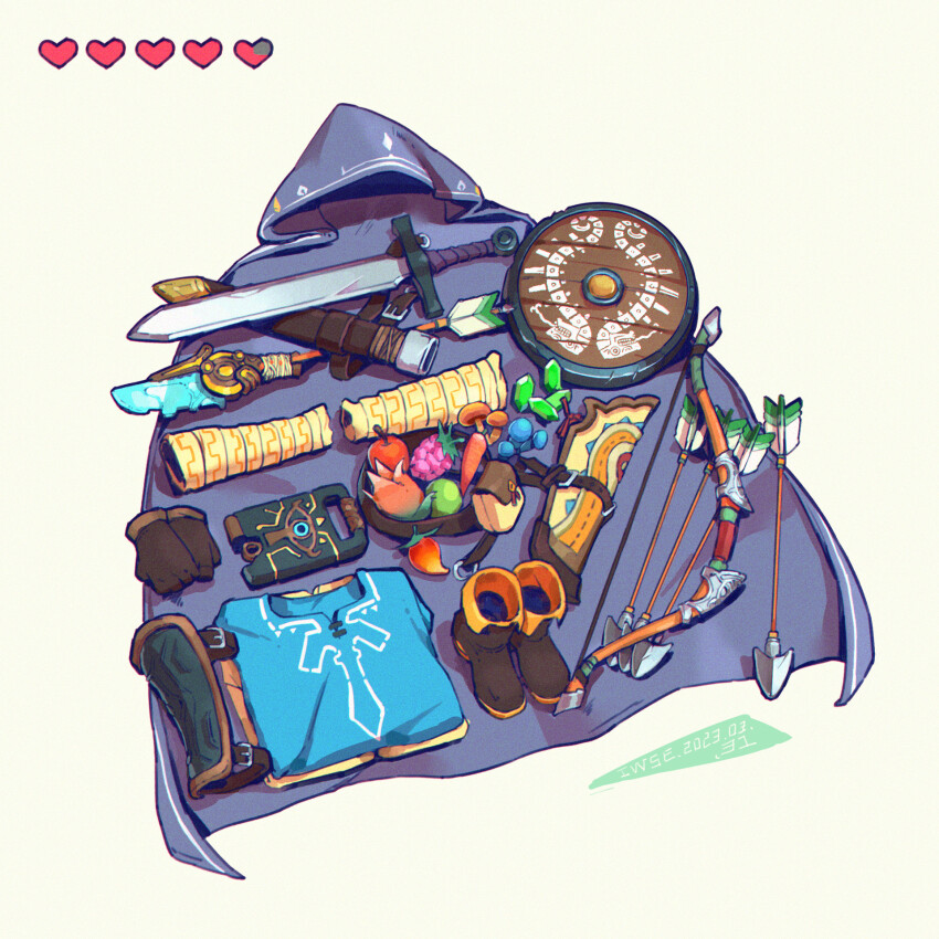 ancient_arrow_(zelda) apple arrow_(projectile) artist_name belt berry blue_shirt boots bow_(weapon) brown_boots brown_gloves carrot chili_pepper chromatic_aberration cloak dated dragon_fruit equipment_layout fold-over_boots food fruit gem gloves green_gemstone grey_cloak highres hood hooded_cloak iwse_zhang mushroom nintendo no_humans pouch rupee_(zelda) sheath sheikah_slate shield shirt signature simple_background still_life sword the_legend_of_zelda the_legend_of_zelda:_breath_of_the_wild unworn_armor unworn_belt unworn_boots unworn_cloak unworn_gloves unworn_shirt vambraces weapon white_background