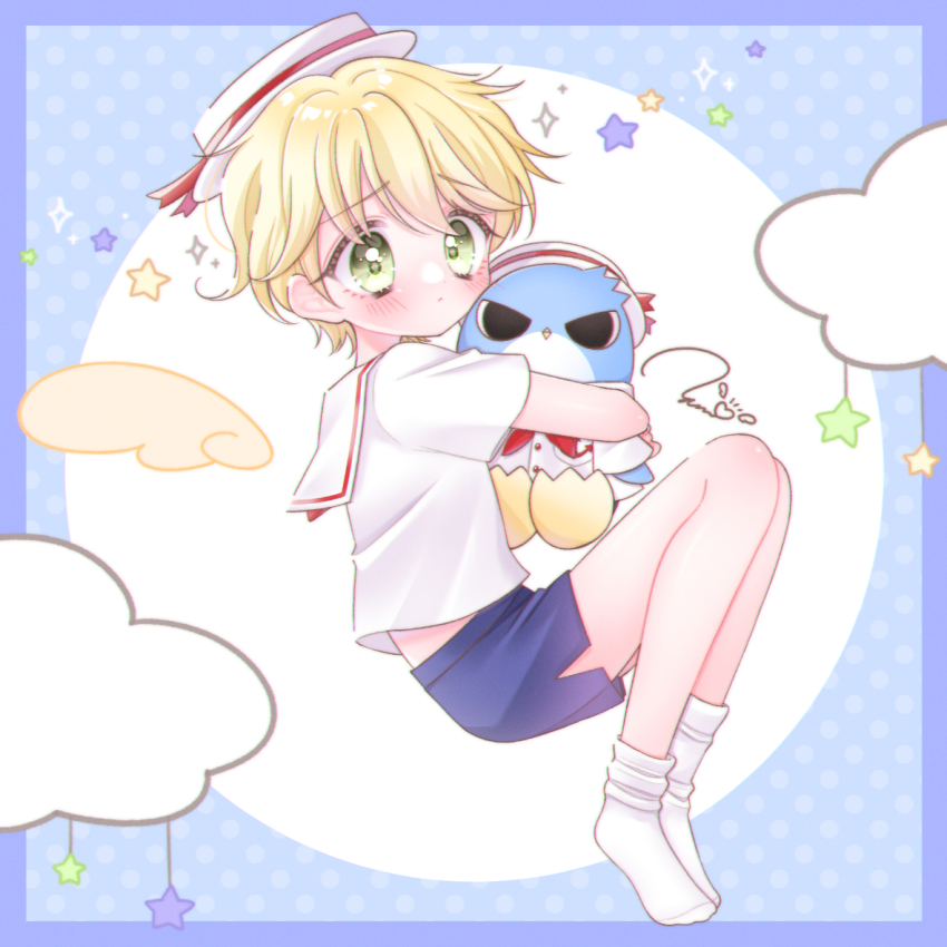 1boy angel_wings bird blonde_hair blue_background blue_shorts blush calves child closed_mouth cloud doll green_eyes hat hippo_(mermaid_melody_pichi_pichi_pitch) hug mermaid_melody_pichi_pichi_pitch penguin red_ribbon ribbon sad sailor_collar sailor_hat sailor_shirt shirt short_hair shorts simple_background solo star_(symbol) star_print thighs white_background white_hat white_legwear white_shirt wings worried
