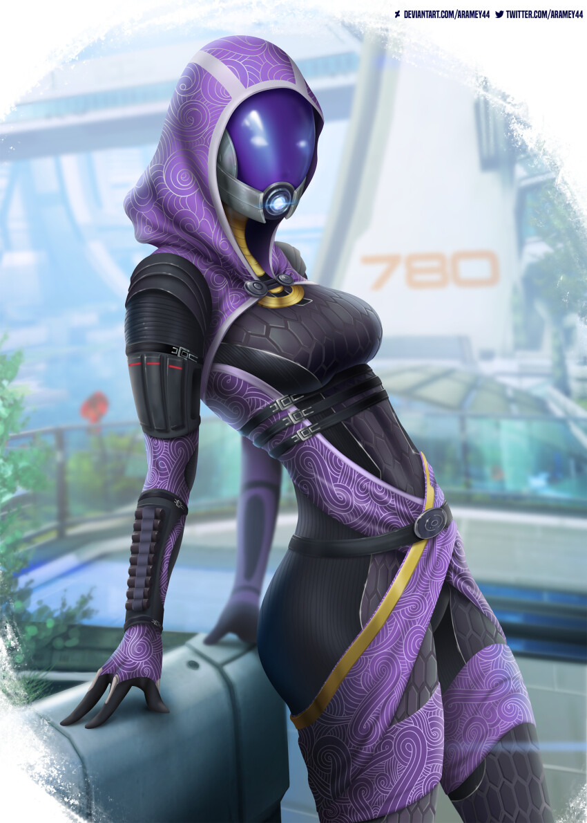 1girl absurdres alien aramey black_bodysuit bodysuit breasts covered_face deviantart_logo fewer_digits gloves glowing highres hood hood_up lake looking_at_viewer mass_effect_(series) mass_effect_3 medium_breasts purple_gloves quarian solo tali&#039;zorah tree twitter_logo watermark web_address