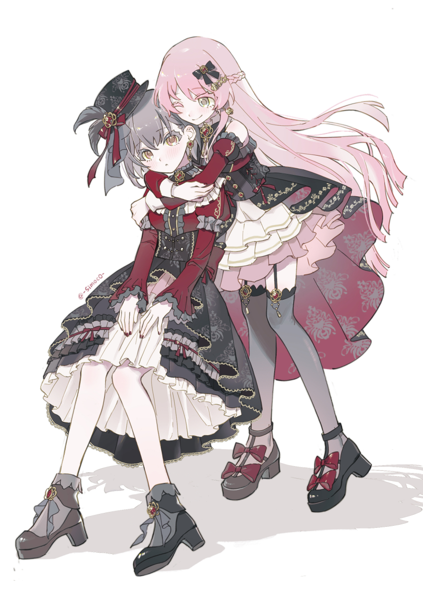 2girls bang_dream! bang_dream!_it&#039;s_mygo!!!!! black_dress black_hat black_shoes black_thighhighs blush bow braid brown_eyes chihaya_anon commentary detached_sleeves dress earrings grey_eyes grey_hair half_up_braid hat highres hug hug_from_behind jewelry juliet_sleeves long_hair long_sleeves multiple_girls nail_polish pantyhose pink_hair puffy_sleeves red_bow red_nails shadow shoes short_hair simoco symbol-only_commentary takamatsu_tomori thighhighs white_pantyhose yuri