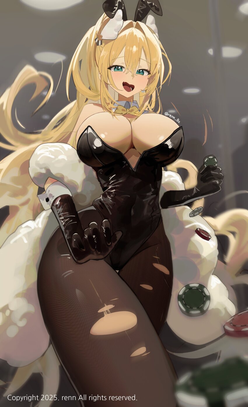 1girl absurdres animal_ear_headwear animal_ears black_leotard bow bowtie breasts detached_collar fake_animal_ears goddess_of_victory:_nikke highres large_breasts leotard official_alternate_costume pantyhose playboy_bunny rabbit_ears renn_01 rupee_(nikke) rupee_(rabbit_deluxe)_(nikke) solo wrist_cuffs yellow_bow yellow_bowtie