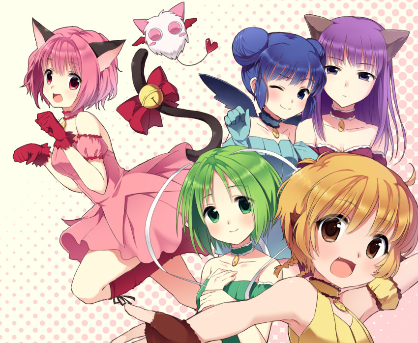 1other 5girls aizawa_mint animal_ears aqua_dress aqua_gloves arm_hug armpits arms_up bare_shoulders blonde_hair blue_bow blue_eyes blue_hair blush bow breasts cat_ears cat_girl cat_tail cleavage closed_mouth collarbone double_bun dress fong_pudding fujiwara_zakuro gloves green_bow green_eyes green_hair hair_bun heart holding holding_weapon hug long_hair looking_at_viewer magical_girl masha_(tokyo_mew_mew) medium_breasts mew_ichigo mew_lettuce mew_mint mew_pudding mew_zakuro midorikawa_lettuce momomiya_ichigo multiple_girls one_eye_closed open_mouth pink_bow pink_dress pink_eyes pink_hair purple_bow purple_eyes purple_hair red_bow short_hair smile strapless strapless_dress strawbell_bell tail tokyo_mew_mew twintails v weapon wolf_ears wolf_girl yellow_bow yellow_eyes yoshino_saku yuri