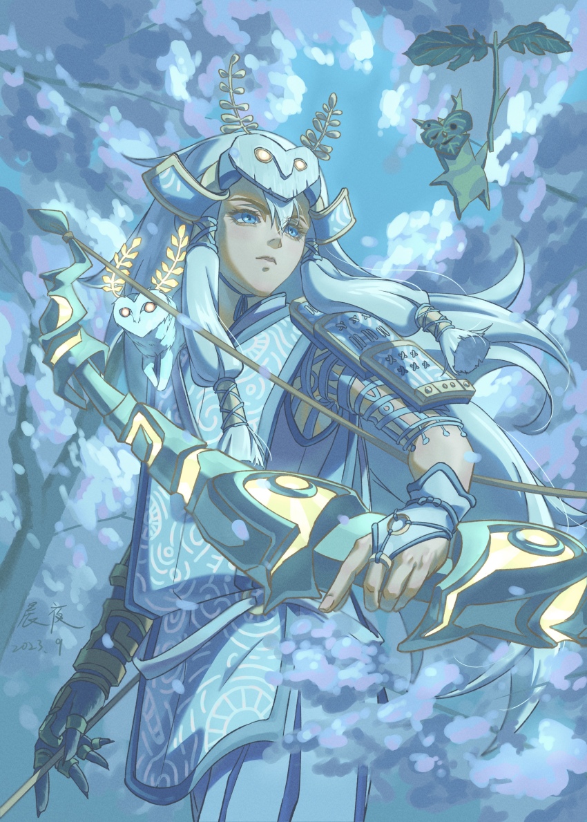 1boy absurdres arm_guards arrow_(projectile) blue_eyes blupee bow_(weapon) creature creature_on_shoulder highres holding holding_bow_(weapon) holding_weapon korok link mask mask_on_head mystic_set_(zelda) nintendo on_shoulder parted_lips shinnya the_legend_of_zelda the_legend_of_zelda:_tears_of_the_kingdom weapon white_hair wig