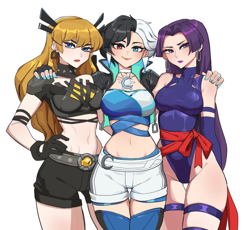 3girls bare_shoulders black_hair black_shirt black_shorts blonde_hair blue_eyes blue_nails character_request commentary cowboy_shot crop_top earrings eyeshadow highres hoop_earrings hyyun_ho jewelry leotard long_hair looking_at_viewer luna_snow magik_(x-men) makeup marvel marvel_rivals midriff multicolored_hair multiple_girls nail_polish navel psylocke_(marvel_rivals) purple_eyes purple_hair purple_leotard purple_lips red_eyes red_lips shirt short_sleeves shorts simple_background smile split-color_hair standing stomach strapless thigh_strap thighs tube_top very_long_hair white_background white_hair white_shorts