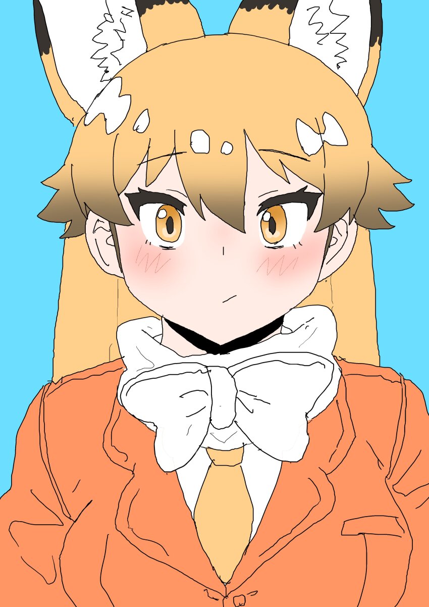 1girl absurdres animal_ears blush bow bowtie brown_hair extra_ears ezo_red_fox_(kemono_friends) fox_ears fox_girl gradient_hair hair_between_eyes highres jacket kemono_friends kumasyan1998 long_hair long_sleeves looking_at_viewer multicolored_hair necktie orange_eyes orange_hair orange_jacket orange_necktie shirt sidelocks solo upper_body white_bow white_bowtie white_shirt