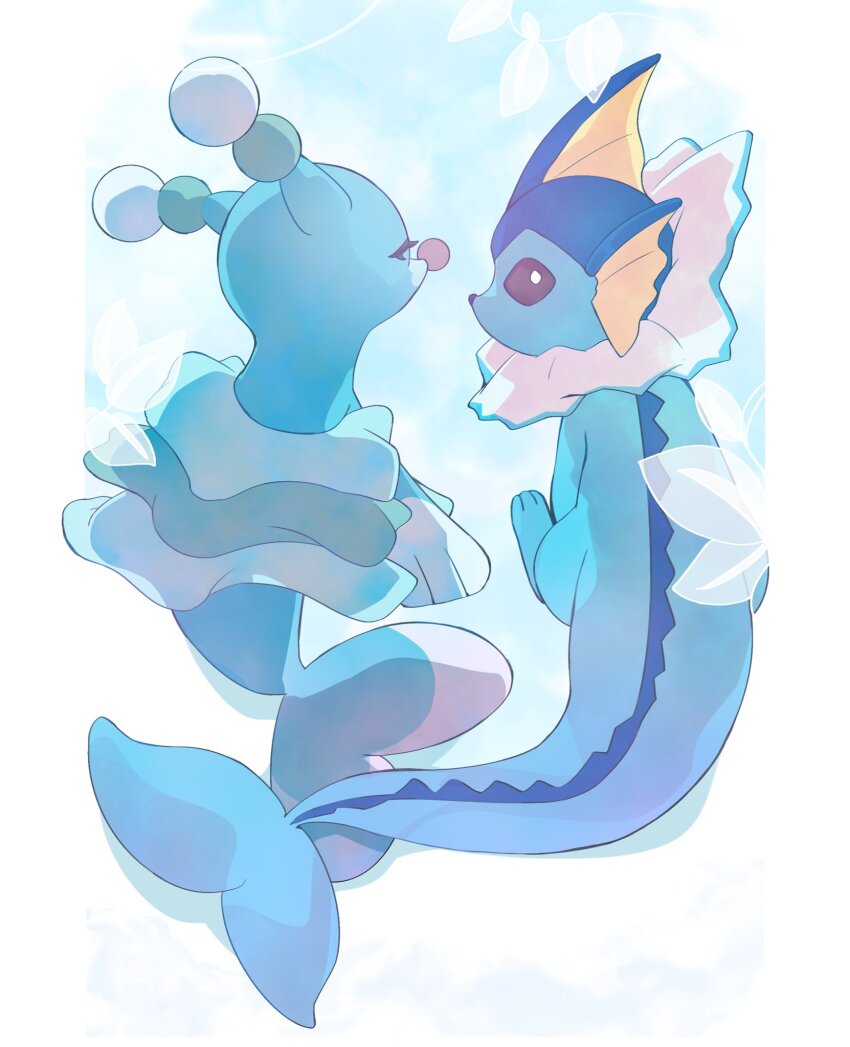 animal_focus brionne closed_eyes commentary_request fins full_body gen_1_pokemon gen_7_pokemon head_fins highres nintendo no_humans no_sclera pokemon pokemon_(creature) sitting soke_sa vaporeon