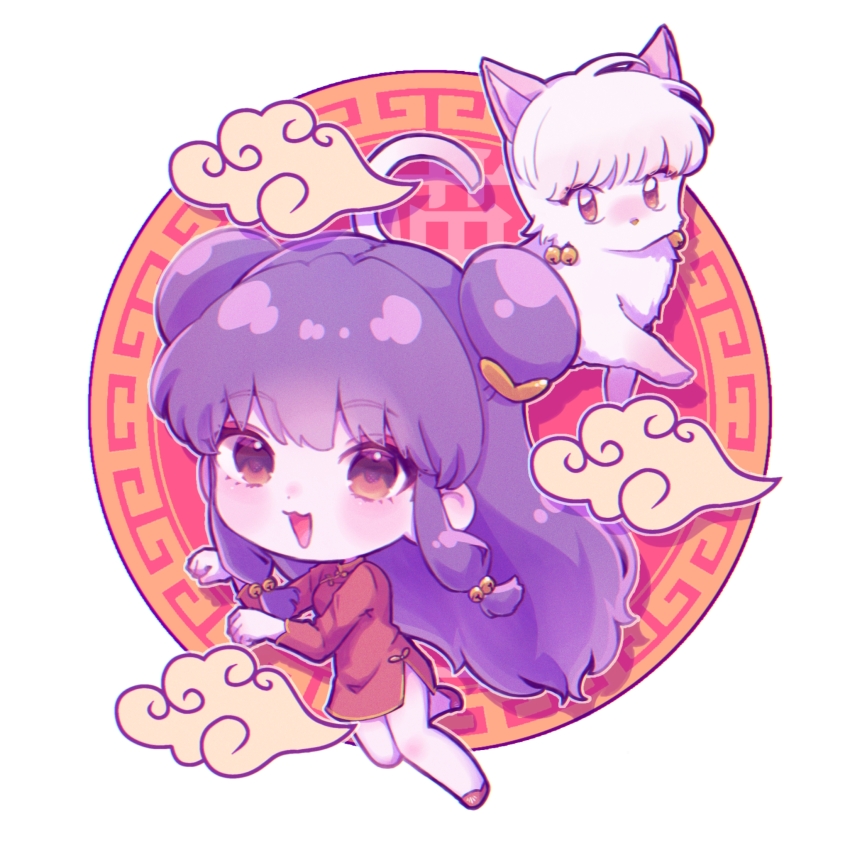 1girl bell cat chibi chinese_clothes dress dual_persona hair_bell hair_ornament highres long_hair mi_oxo_9m open_mouth purple_hair ranma_1/2 red_dress shampoo_(cat) shampoo_(ranma_1/2) sidelocks smile two-tone_fur