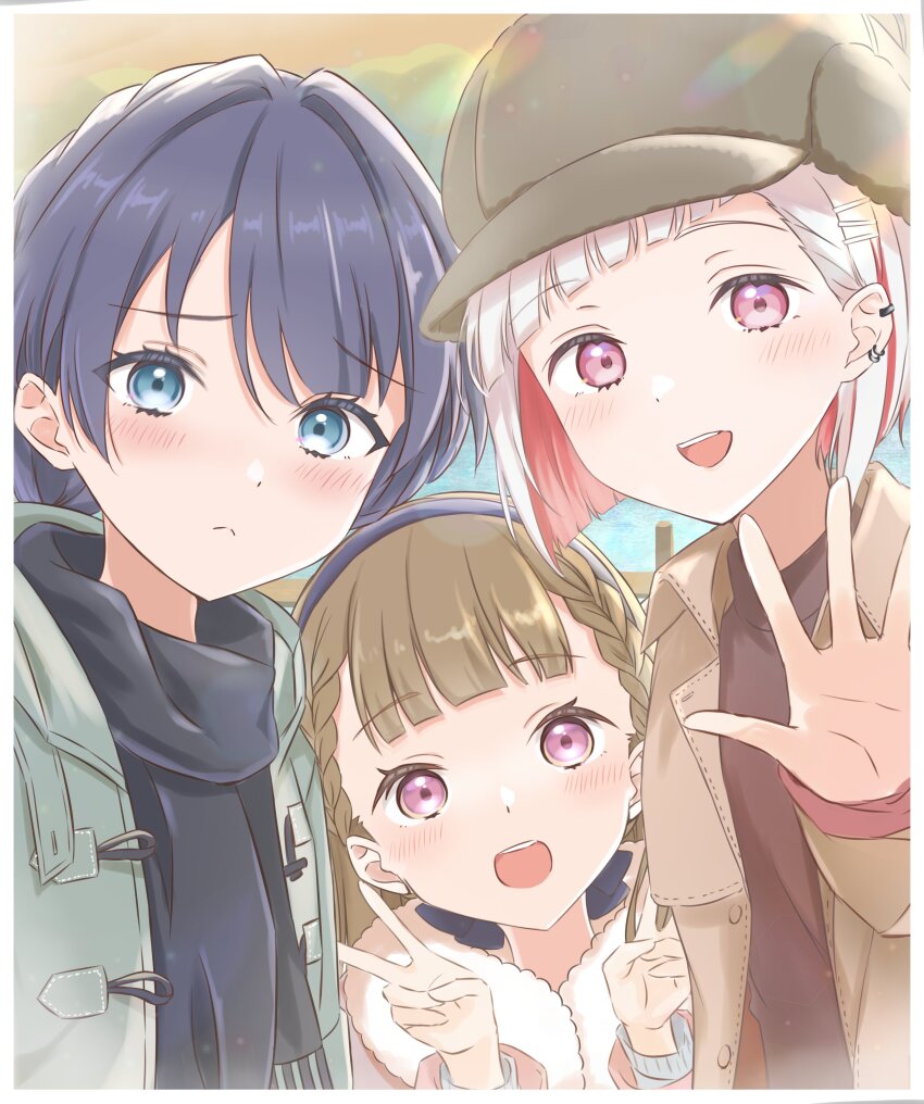 3girls :d absurdres black_bow black_scarf blue_eyes blue_hair blue_hairband blush bob_cut border bow braid brown_coat brown_hair brown_sweater newsboy_cap center-flap_bangs closed_mouth coat collared_coat colored_inner_hair commentary_request diagonal_bangs embarrassed frown fur-trimmed_coat fur_trim grey_hat hair_bow hair_intakes hairband hat highres hood hooded_coat inverted_bob iroha_(nami3) kachimachi_kosuzu kachimachi_kosuzu_(winter_casual) link!_like!_love_live! long_hair looking_at_viewer love_live! low_twintails multicolored_hair multiple_girls murano_sayaka murano_sayaka_(winter_casual) official_alternate_costume open_clothes open_coat open_mouth pink_coat pink_eyes red_hair scarf selfie short_hair side_braids smile split_mouth streaked_hair sweater twintails upper_body virtual_youtuber white_border white_hair yugiri_tsuzuri yugiri_tsuzuri_(winter_casual)