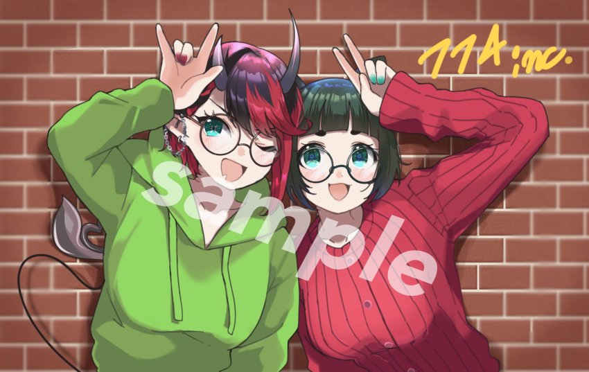 2girls alternate_costume animal_ears animare black-framed_eyewear black_hair blue_eyes blue_nails blunt_bangs blush bob_cut breasts brick_wall commentary_request commission demon_girl demon_horns demon_tail dog_ears glasses green_hair green_hoodie hashiba_natsumi_(animare) highres hood hoodie horns large_breasts looking_at_viewer multicolored_hair multiple_girls nail_polish nanashi_inc. open_mouth pointy_ears red_hair red_nails red_sweater ribbed_sweater round_eyewear ryugasaki_rene sample_watermark short_hair skeb_commission smile sugar_lyric sweater tail thick_eyebrows two-tone_hair upper_body v virtual_youtuber watermark zono_(inokura_syuzo029)