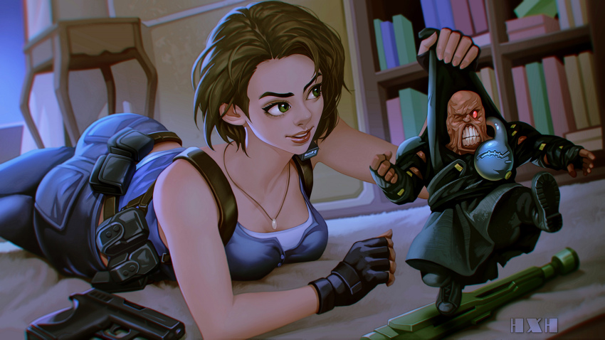 1boy 1girl ass blue_pants blue_shirt bookshelf brown_hair gun halhe handgun highres jewelry jill_valentine lying necklace nemesis_(resident_evil) on_stomach pants parted_lips red_eyes resident_evil resident_evil_3:_nemesis resident_evil_3_(remake) shirt short_hair smile toon_(style) weapon
