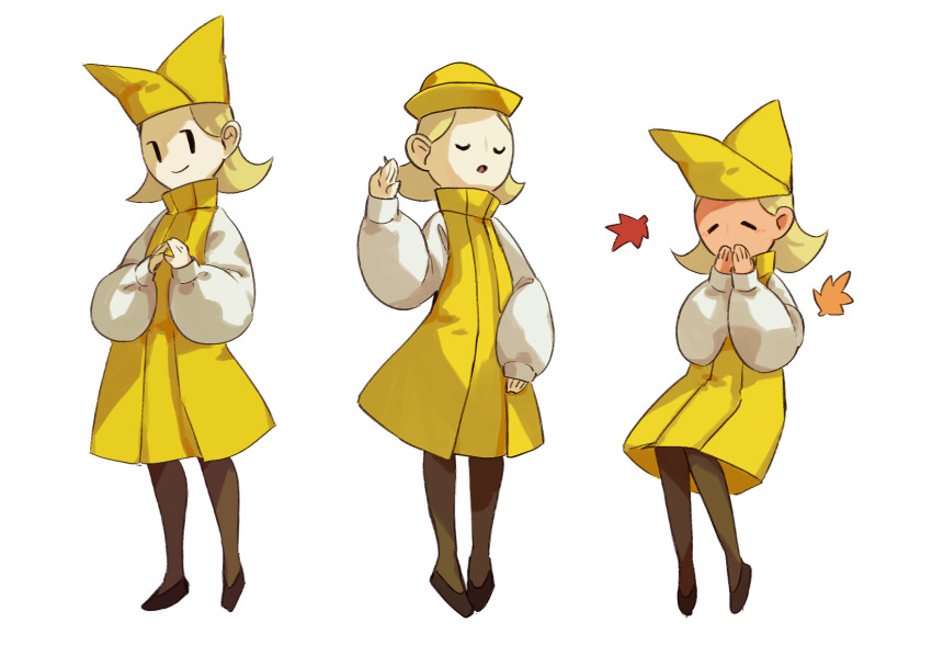 1girl autumn_leaves black_eyes black_shoes blonde_hair closed_eyes closed_mouth covering_own_mouth dress flats grey_pantyhose hand_up hat highres invisible_chair leaf light_blush long_sleeves mario_(series) medium_hair multiple_views mumumu57hiro nintendo olivia_(paper_mario) open_mouth own_hands_together pale_skin pantyhose paper_mario paper_mario:_the_origami_king personification pinafore_dress puffy_long_sleeves puffy_sleeves shirt shoes simple_background sitting sleeveless sleeveless_dress sleeves_past_wrists smile solid_oval_eyes standing turtleneck turtleneck_dress white_background white_shirt yellow_dress yellow_hat