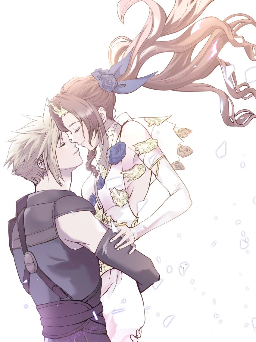1boy 1girl absurdres aerith_gainsborough aerith_gainsborough_(prism_dress) armor arms_around_waist belt black_sleeves blonde_hair blue_flower blue_ribbon blue_rose breasts brown_hair closed_eyes cloud_strife cloud_strife_(murasame) couple detached_sleeves dress dress_flower final_fantasy final_fantasy_vii final_fantasy_vii_ever_crisis final_fantasy_vii_remake flower gold_trim hair_flower hair_ornament hair_ribbon hand_on_another&#039;s_arm hetero highres imminent_kiss long_hair makiron medium_breasts official_alternate_costume parted_bangs plunging_neckline ponytail ribbon rose see-through_clothes see-through_sleeves short_hair shoulder_armor sidelocks sleeveless sleeveless_dress spiked_hair suspenders tiara upper_body wavy_hair white_background white_dress white_sleeves