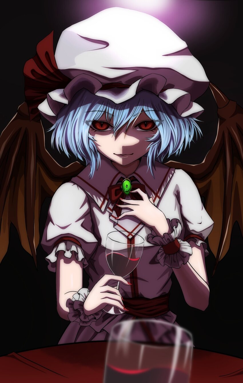 1girl bat_wings blue_hair bow bowtie brooch commentary_request cup frilled_shirt_collar frills hair_between_eyes hat hat_ribbon highres holding holding_cup jewelry looking_at_viewer merihari07 mob_cap pink_hat pink_shirt pink_skirt puffy_short_sleeves puffy_sleeves red_bow red_bowtie red_eyes red_nails red_ribbon remilia_scarlet ribbon shirt short_hair short_sleeves skirt skirt_set solo table touhou wings wrist_cuffs