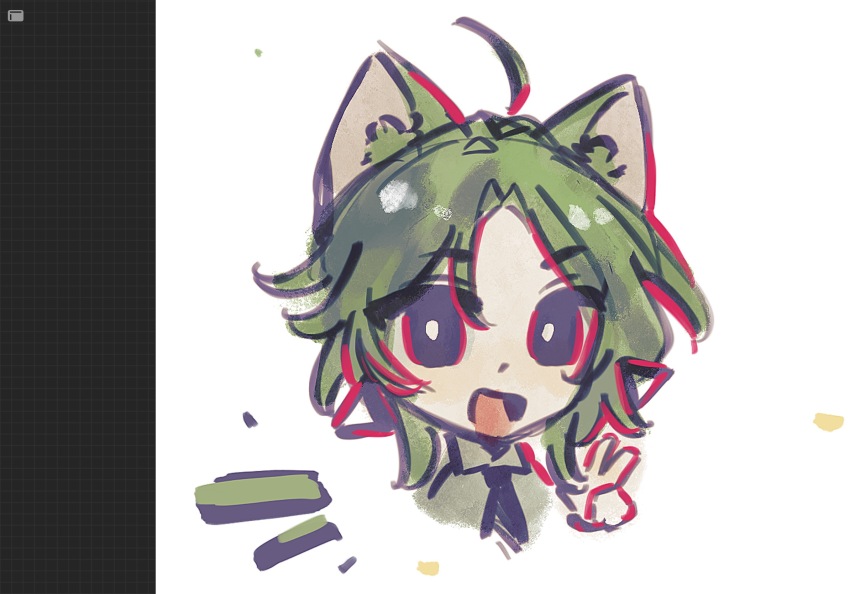 16personalities 1girl ahoge animal_ears black_eyes black_necktie campaigner_(16personalities) cat_ears chibi collared_shirt green_hair green_shirt highres looking_at_viewer necktie open_mouth portrait shirt short_hair smile solo v white_background xuxi239756