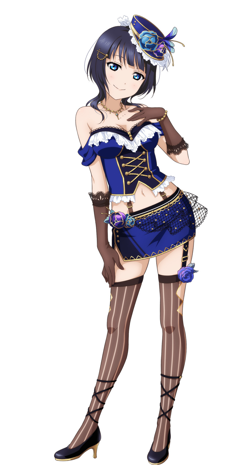 1girl absurdres asaka_karin bare_shoulders black_shoes blue_eyes blue_hair blue_shirt blue_skirt blunt_bangs blush breasts brown_gloves brown_thighhighs cleavage closed_mouth collarbone contrapposto cross-laced_clothes cross-laced_top elbow_gloves full_body garter_straps gloves hand_on_own_chest high_heels highres love_live! love_live!_nijigasaki_high_school_idol_club love_live!_school_idol_festival_all_stars medium_breasts medium_hair midriff miniskirt mole mole_on_collarbone multiple_moles navel off-shoulder_shirt off_shoulder official_alternate_costume official_art pinstripe_thighhighs seductive_smile shirt shoes simple_background skirt smile solo standing starlight_(love_live!) thighhighs transparent_background