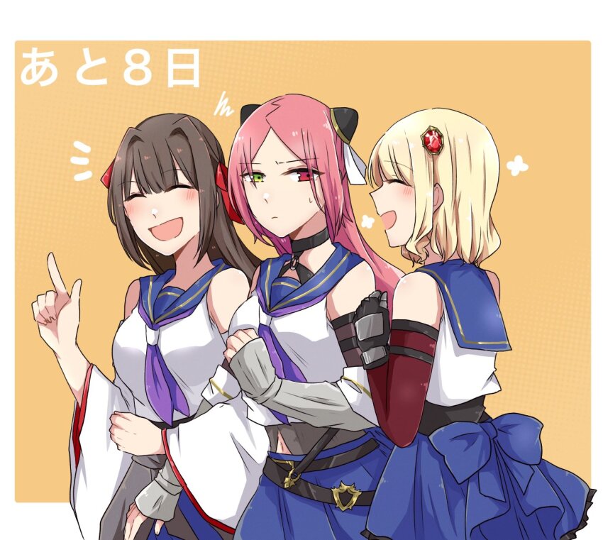 3girls :d ^_^ annoyed arm_hug assault_lily back_bow bare_shoulders belt belt_buckle black_belt black_choker blonde_hair blue_bow blue_sailor_collar blue_skirt blush border bow breasts brown_hair buckle choker closed_eyes closed_mouth clothes_around_waist commentary countdown cowboy_shot crop_top detached_sleeves flower_symbol from_side gauntlets gem gem_hair_ornament green_eyes grey_shirt hair_intakes hair_ornament hair_ribbon hairpods halftone halftone_background hand_up heterochromia imamura_yukari_(assault_lily) index_finger_raised kozue_west layered_sleeves long_sleeves looking_at_another looking_to_the_side medium_breasts midriff_peek multiple_belts multiple_girls navel neckerchief nigari_(ngari_0115) notice_lines o-ring o-ring_choker odaiba_girls_high_school_uniform open_mouth orange_background outside_border parted_bangs pleated_skirt profile purple_neckerchief red_eyes red_gemstone red_hair red_ribbon ribbon sailor_collar school_uniform serafuku shiba_tomoshibi shirt short_hair side-by-side sideways_glance skirt sleeveless sleeveless_shirt sleeves_past_wrists smile squiggle standing sweatdrop translated undershirt v-shaped_eyebrows white_border white_shirt wide_sleeves