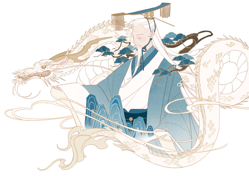1boy absurdres beard blue_kimono closed_eyes closed_mouth commentary_request dragon eastern_dragon facial_hair headwear_request highres japanese_clothes kimono long_hair long_sleeves male_focus obi obiage obijime original sash sleeves_past_wrists solo surie white_background white_hair wide_sleeves