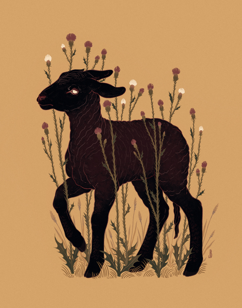 animal animal_focus baby_animal black_fur black_sheep blank_eyes closed_mouth commentary dappermouth english_commentary flower foot_up full_body highres horror_(theme) lamb leaf looking_at_viewer no_humans original plant purple_flower sheep simple_background standing thistle white_eyes white_flower yellow_background