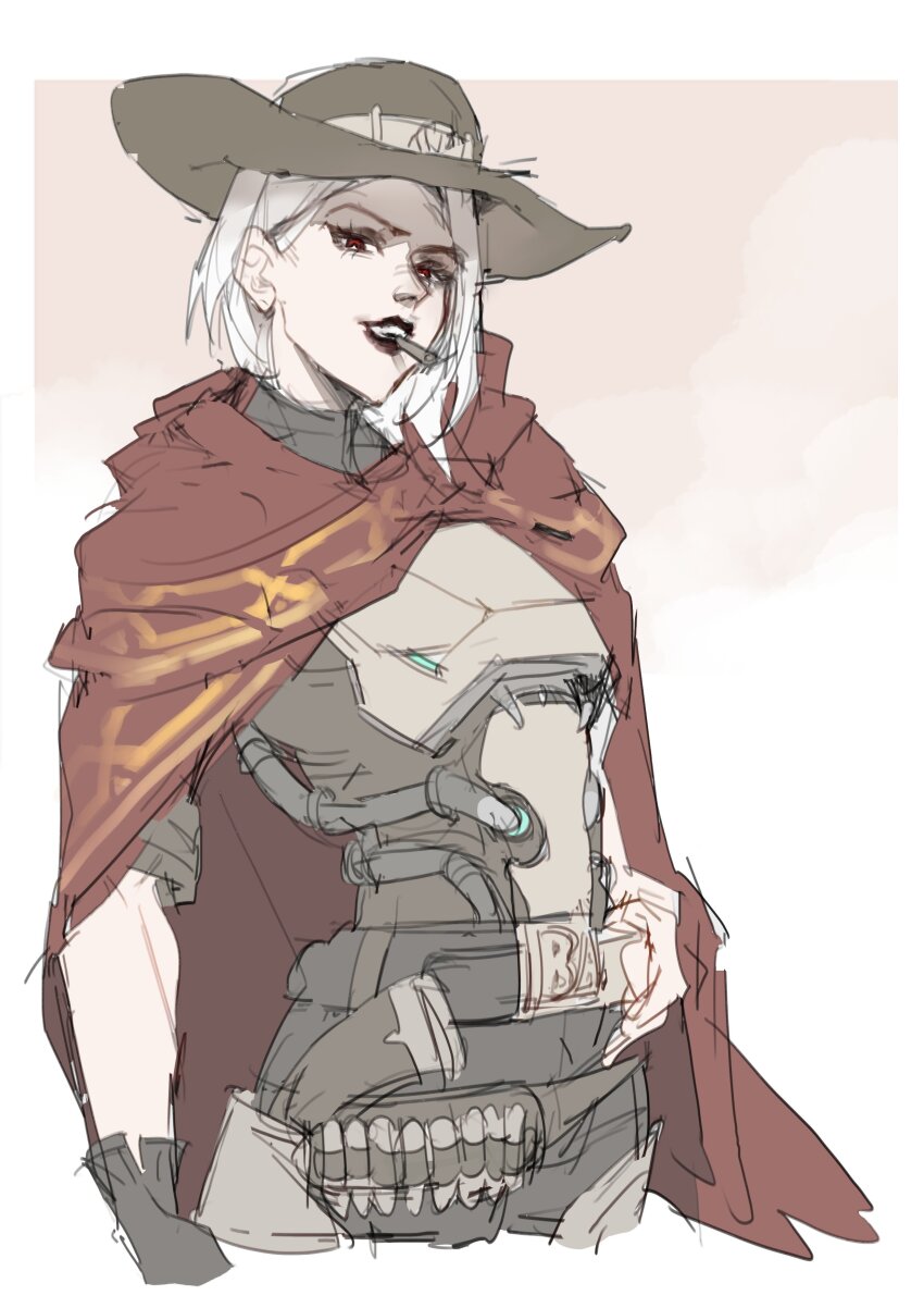 1girl 8lmcasv8 absurdres ashe_(overwatch) belt black_lips body_armor cassidy_(overwatch) cassidy_(overwatch)_(cosplay) cigarette cloak commentary cosplay cowboy_hat cowboy_shot hand_on_own_hip hat highres holding holding_belt korean_commentary looking_at_viewer medium_hair mouth_hold overwatch overwatch_2 poncho power_suit red_cloak red_eyes red_poncho simple_background solo straight_hair translated white_background white_hair