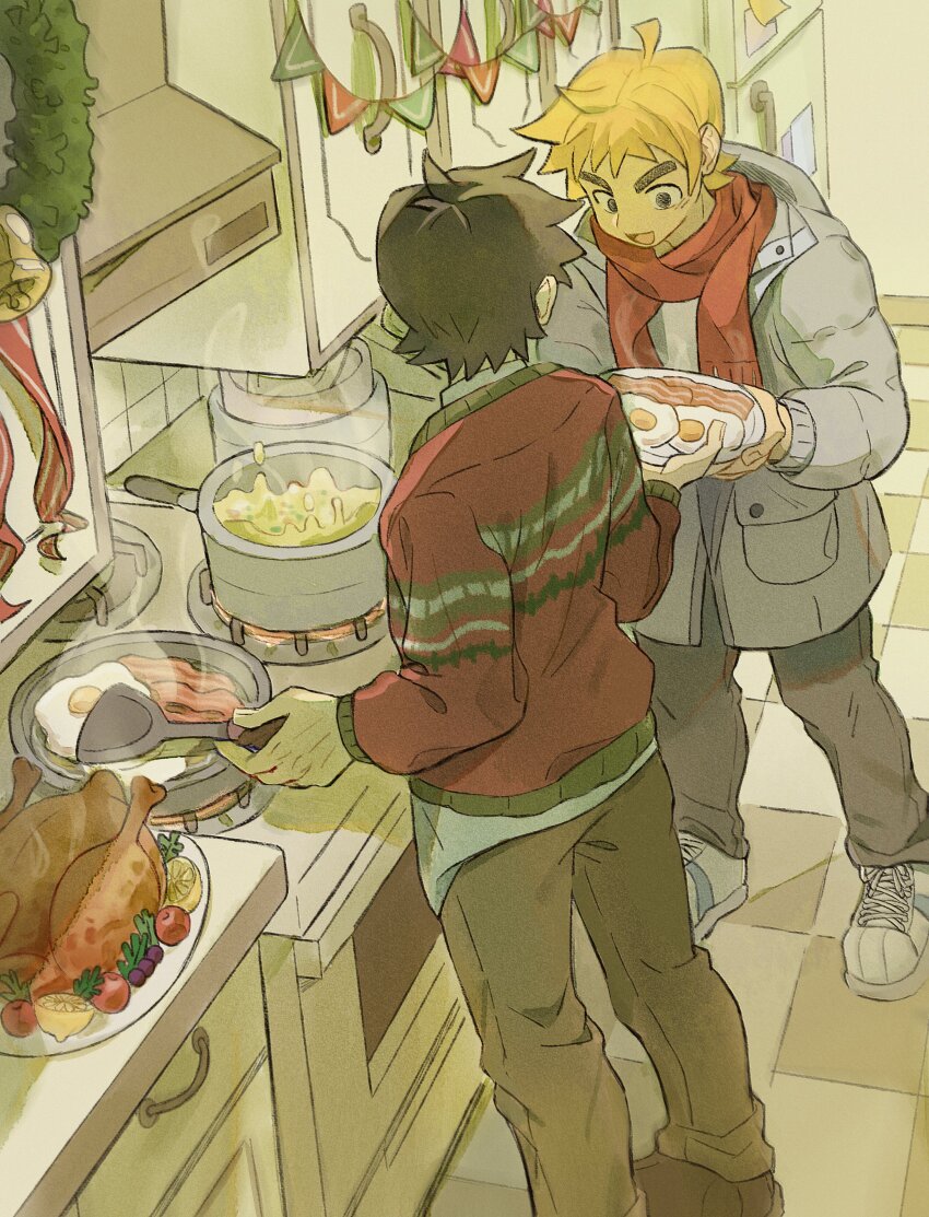 2boys :d absurdres ahoge alternate_costume bacon black_hair brown_pants chinese_commentary christmas christmas_sweater christmas_wreath coat commentary commentary_request cooking egg_(food) english_commentary food happy highres indoors kitchen long_sleeves male_focus mixed-language_commentary multiple_boys open_mouth orange_hair pants red_scarf red_sweater scarf scott_pilgrim scott_pilgrim_(series) shoes short_hair smile sneakers standing sweater turkey_(food) wallace_wells wreath xxyang4747