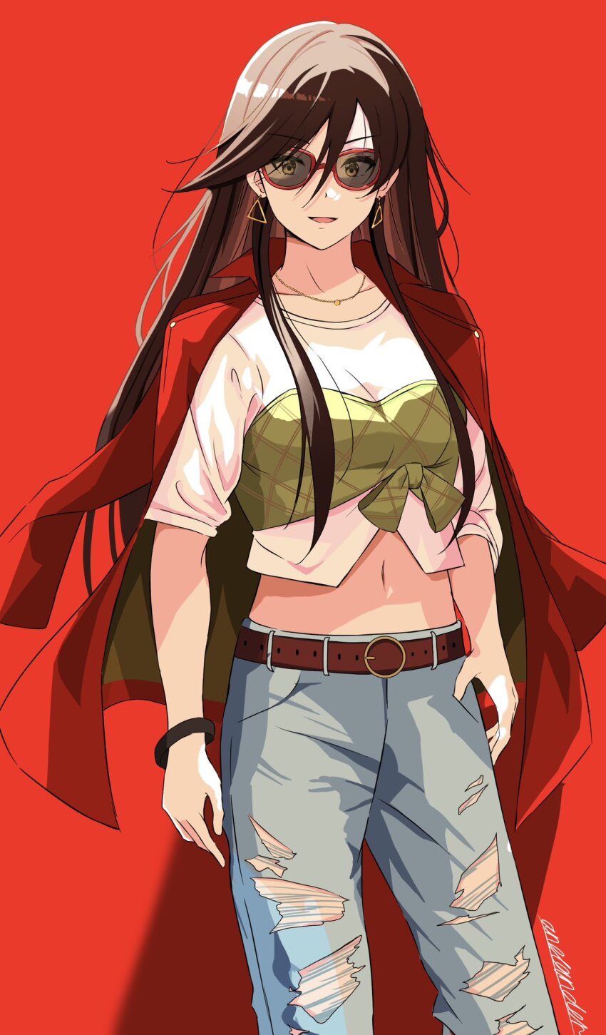 1girl akira_ferrari alternate_costume andanden aria_(manga) artist_name belt bracelet breasts brown_belt brown_hair collarbone cropped_shirt denim earrings feet_out_of_frame hair_between_eyes highres jacket jacket_on_shoulders jeans jewelry long_hair looking_at_viewer medium_breasts midriff navel necklace open_mouth pants red-framed_eyewear red_background red_jacket shadow signature simple_background smile solo standing sunglasses swept_bangs torn_clothes torn_pants