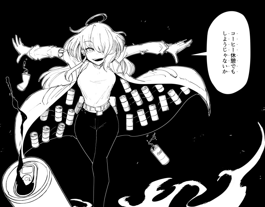 1girl ahoge arms_up belt belt_pouch breasts can canned_coffee coat commentary_request crushed_can drink_can earrings feet_out_of_frame greyscale hair_over_one_eye high_contrast highres jewelry lapels long_hair long_sleeves looking_at_viewer medium_breasts monochrome notched_lapels one_eye_covered open_can open_clothes open_coat open_mouth original outstretched_arms pants pouch sakifox shirt shirt_tucked_in sidelocks simple_background sketch smile smoke smug solo speech_bubble spread_arms standing teeth tented_shirt tight_clothes tight_pants translation_request upper_teeth_only