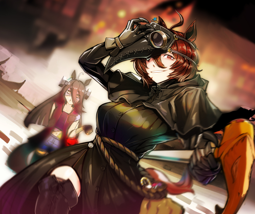 2girls :t absurdres agnes_tachyon_(umamusume) ahoge animal_ears arm_up bag black_capelet black_coat black_gloves black_hair blurry blurry_background blurry_foreground bolt_(hardware) boots brown_hair buttons candy cane capelet cell_(fu_cell) coat cosplay dutch_angle empty_eyes food foreshortening frankenstein frankenstein&#039;s_monster frankenstein&#039;s_monster_(cosplay) gloves grin hair_between_eyes halloween halloween_costume hand_on_mask hand_up highres hood hooded_capelet horse_ears horse_girl horse_tail jitome long_hair looking_at_viewer manhattan_cafe_(umamusume) mask mask_on_head multiple_girls object_through_head one_eye_covered open_clothes open_coat parted_lips plague_doctor_mask pout red_eyes rope rope_belt screw_in_head shorts smile stitches tail thigh_boots thighhighs umamusume very_long_hair yellow_eyes zettai_ryouiki