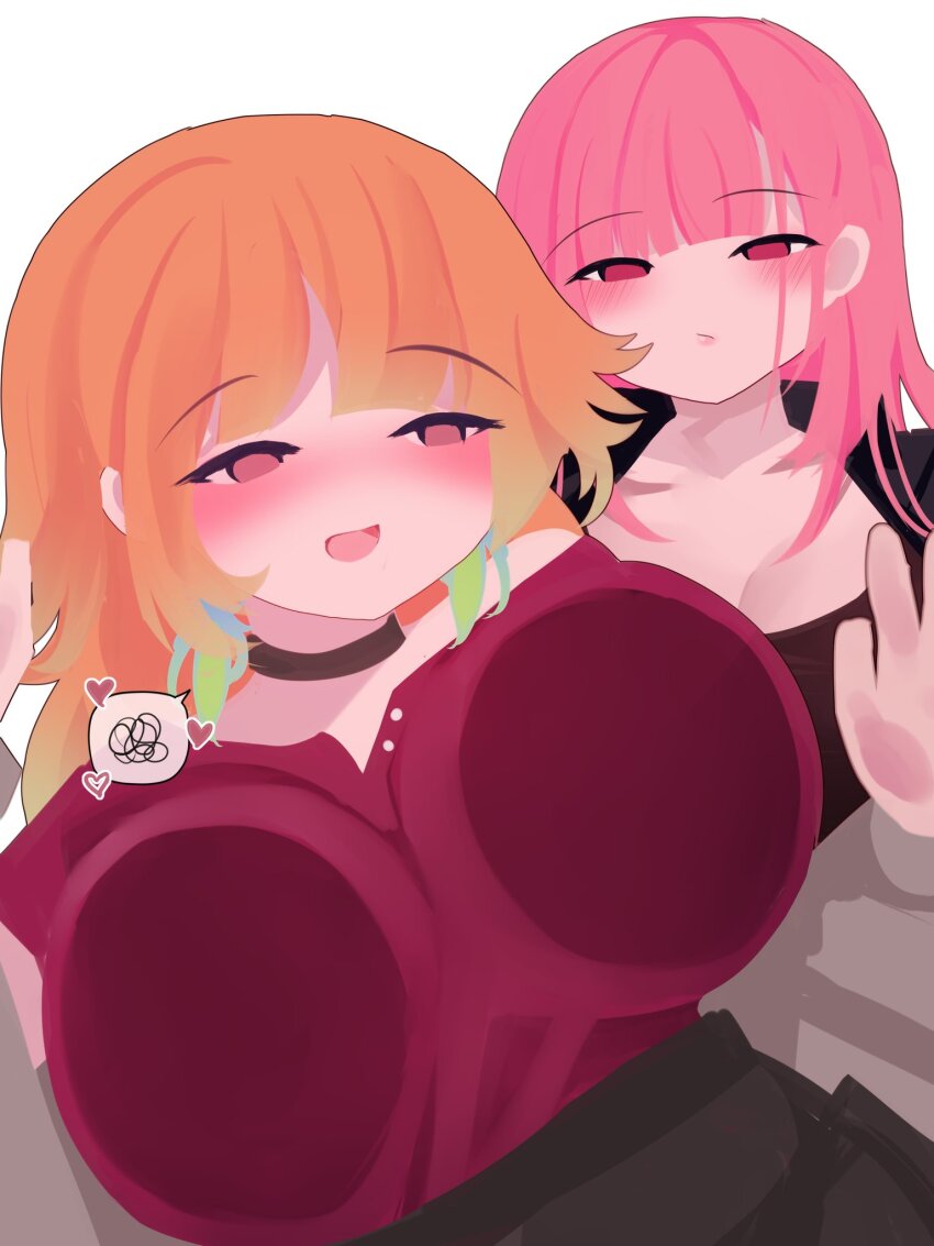 2girls alternate_costume blush breasts commentary couple earrings english_commentary feather_earrings feathers female_pervert highres hololive hololive_english jewelry large_breasts long_hair long_sleeves mori_calliope multicolored_hair multiple_girls open_mouth pervert pink_hair purple_eyes simple_background takanashi_kiara viqur virtual_youtuber white_background wife_and_wife yuri