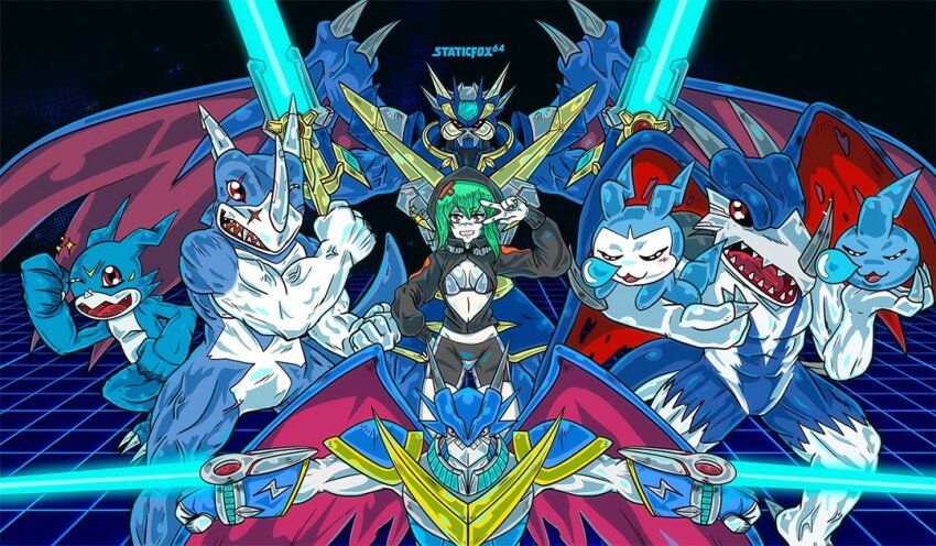 aerov-dramon bikini bikini_top_only breasts chibimon chicomon digimon dragon goggles goggles_around_neck hood hoodie looking_at_viewer medium_breasts sharp_teeth shinomiya_rina smile swimsuit teeth ulforcev-dramon ulforcev-dramon_x-antibody v v-dramon v-mon wings