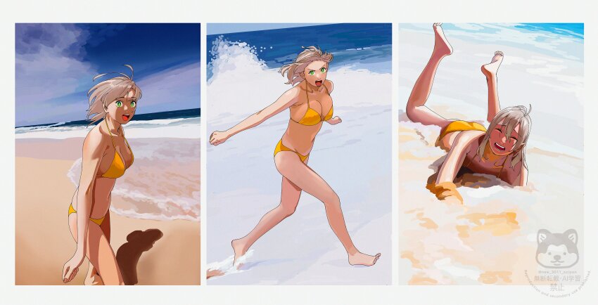 1girl absurdres barefoot beach bikini blue_sky breasts closed_eyes day green_eyes grey_hair highres kantai_collection kinugasa_(kancolle) large_breasts looking_at_viewer lying multiple_views ocean ojipon on_stomach open_mouth orange_bikini outdoors sand shadow sky swimsuit twitter_username water watermark