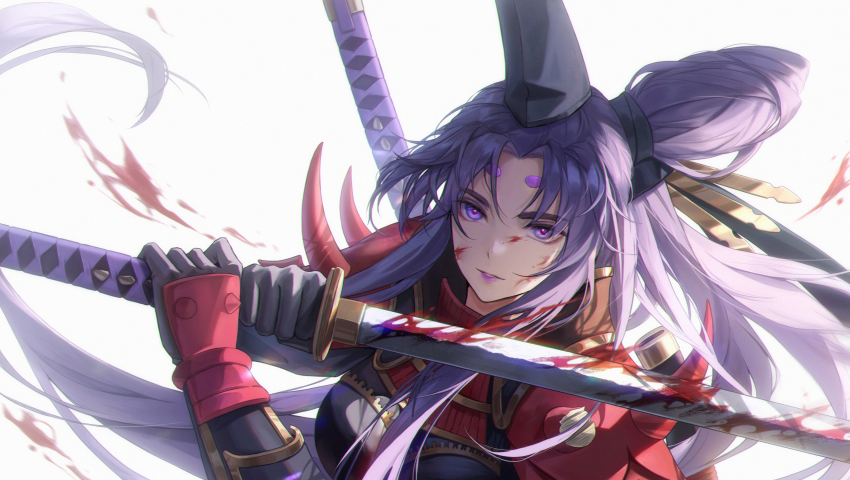 1girl absurdres black_gloves black_hair blood blood_on_face bloody_weapon fate/grand_order fate_(series) gloves hair_bun hat highres holding holding_sword holding_weapon katana long_hair purple_eyes purple_lips qingyuan side_ponytail single_hair_bun sword taira_no_kagekiyo_(fate) taira_no_kagekiyo_(second_ascension)_(fate) tate_eboshi ushiwakamaru_(fate) weapon weapon_on_back white_background