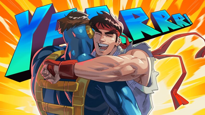2boys animification blue_bodysuit bodysuit cyclops_(x-men) diepod dougi forked_eyebrows headband highres hug male_focus marvel marvel_vs._capcom multiple_boys muscular muscular_male red_headband ryu_(street_fighter) smile street_fighter street_fighter_ii_(series) superhero_costume x-men x-men_vs._street_fighter