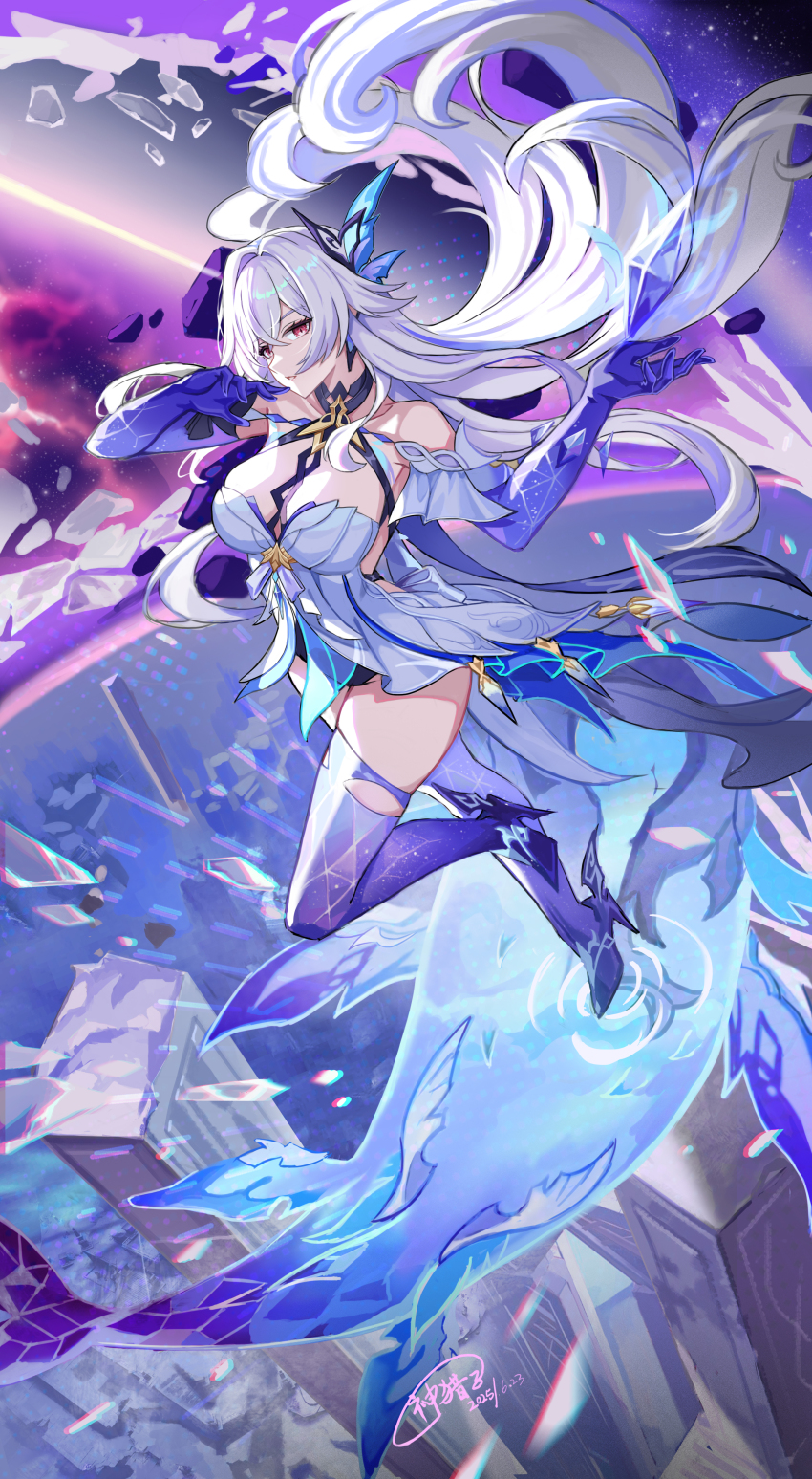 1girl absurdres all-devouring_narwhal_(genshin_impact) breasts chinese_commentary collarbone commentary_request dated dress floating_hair genshin_impact god_hunter hair_ornament highres knee_up large_breasts long_hair looking_at_viewer midair night night_sky parted_lips purple_hands purple_thighhighs red_eyes signature skirk_(genshin_impact) sky solo thighhighs whale white_dress white_hair