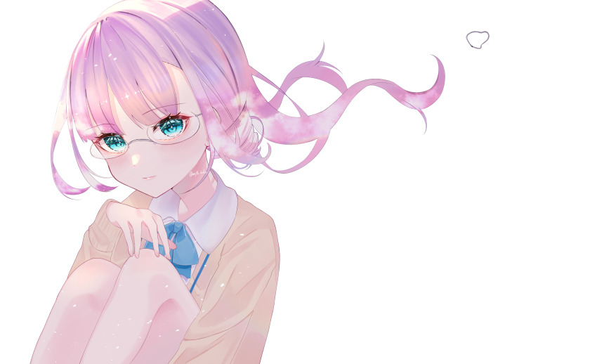 1girl absurdres aqua_eyes blue_bow blue_bowtie bow bowtie drill_hair glasses green_eyes heaven_burns_red highres higuchi_seika medium_hair myth_saka purple_hair solo sweater twin_drills white_background
