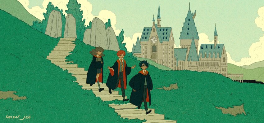 1girl 2boys black_hair black_robe book brown_hair building closed_mouth cloud cloudy_sky collared_shirt glasses grass grey_skirt grey_socks harry_potter harry_potter_(series) helen_jee hermione_granger highres hogwarts_school_uniform holding holding_book long_hair multiple_boys necktie open_mouth outdoors red_hair robe ron_weasley school_uniform shirt short_hair skirt sky socks striped_necktie walking wizarding_world