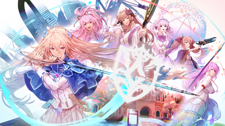 6+girls absurdres belt blonde_hair blue_capelet blunt_bangs bow braid breasts brown_hair capelet chest_harness crown_braid dark_skin fox_mask frilled_hairband frills green_eyes hair_between_eyes hair_ornament hair_over_one_eye hair_ribbon hair_stick hairband harness heaven_burns_red highres hikaku_(siyrgr) holding holding_sword holding_weapon japanese_clothes kiryuu_miya kura_satomi large_breasts logo long_hair mask mask_on_head mole mole_under_eye multiple_girls necktie ogasawara_hisame pink_hair ponytail purple_bow red_eyes red_ribbon ribbon shirakawa_yuina shirt sidelocks sugawara_chie sword team_30g_(heaven_burns_red) tsukishiro_monaka twintails very_long_hair weapon white_hair white_shirt wide_sleeves yellow_eyes