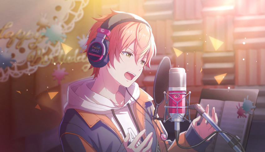 blonde_hair brown_eyes colorful_palette game_cg hair_between_eyes happy_birthday headphones highres hood hoodie jacket looking_afar microphone multicolored_hair musical_staff official_art open_clothes open_jacket orange_hair project_sekai shinonome_akito streaked_hair studio_microphone teeth third-party_source tongue triangle upper_teeth_only white_hoodie