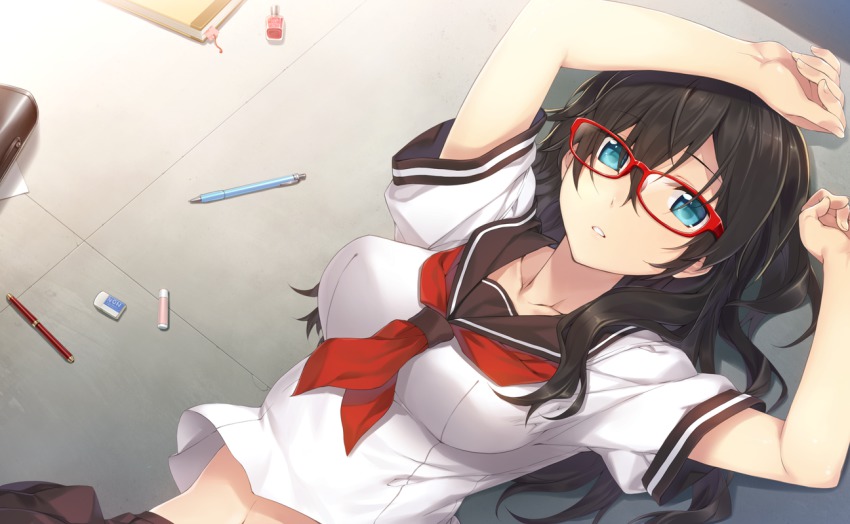 1girl aqua_eyes arms_up black_hair book breasts briefcase collarbone cosmetics eraser female_focus glasses lipstick lipstick_tube long_hair looking_at_viewer lying makeup mechanical_pencil midriff nail_polish nail_polish_bottle navel on_back original parted_lips pencil red-framed_eyewear school_briefcase school_uniform serafuku skirt solo yanagi_(tsukiakari)