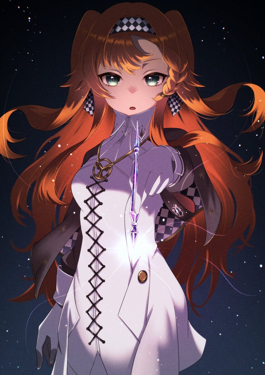 1girl :o casting_spell checkered_hairband collared_dress dark_background dress glass_pen gloves glowing green_eyes hairband high_collar highres holding holding_pen light_particles long_hair looking_at_viewer milmil7 orange_hair outstretched_arm pen reverse:1999 short_dress solo sonetto_(reverse:1999) upper_body very_long_hair white_dress white_gloves
