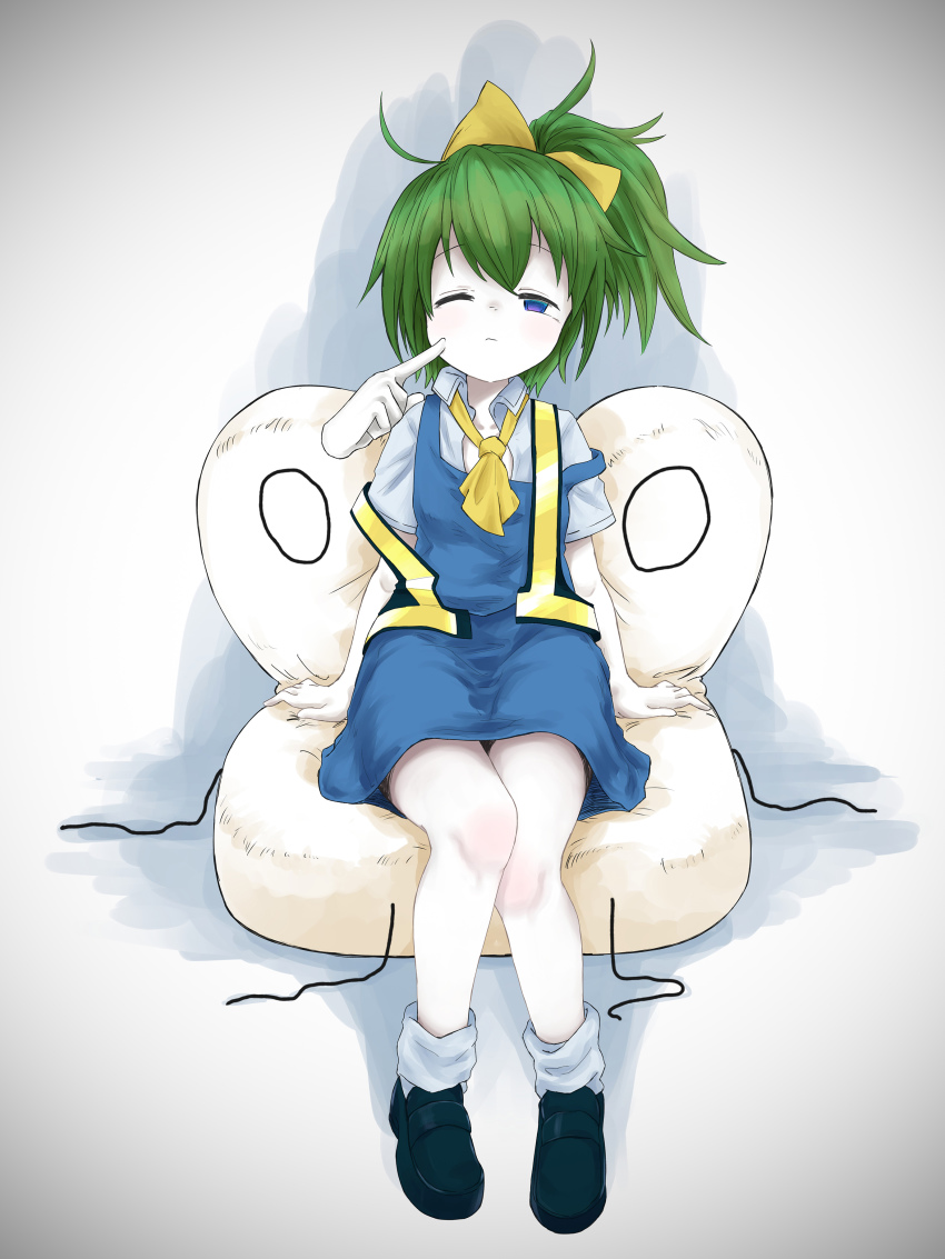 1girl absurdres black_footwear blue_eyes blue_skirt blue_vest bow cheek_poking closed_mouth collared_shirt colored_skin commentary_request cookie_(touhou) daiyousei disembodied_hand diyusi_(cookie) full_body green_hair hair_between_eyes hair_bow hide_(acceed) high-visibility_clothing high-visibility_vest highres looking_at_viewer manatsu_no_yo_no_inmu medium_hair off_(game) one_eye_closed poking ponytail shirt shoes sitting skirt socks strap_slip tail_or touhou vest white_background white_legwear white_shirt white_skin yellow_bow yellow_neckwear