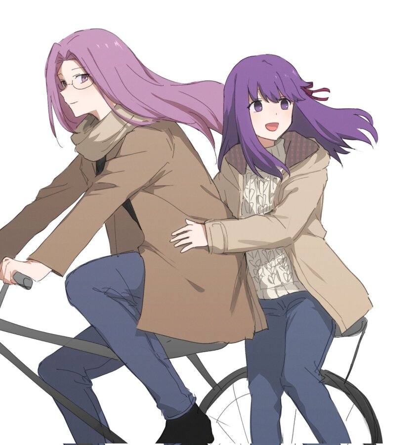 2girls alternate_costume bicycle black_shoes black_sweater blue_pants brown_coat brown_scarf closed_mouth coat commentary_request fate/stay_night fate_(series) floating_hair glasses hair_ribbon highres korean_commentary long_hair long_sleeves matou_sakura medusa_(fate) medusa_(rider)_(fate) multiple_girls nekwnek open_mouth pants pink_eyes pink_hair purple_eyes purple_hair red_ribbon ribbon riding riding_bicycle scarf shoes simple_background smile sweater white_background white_sweater winter_clothes
