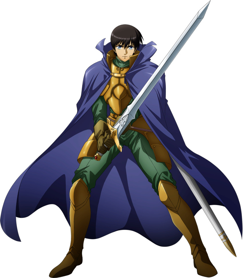 1boy armor black_hair blue_eyes cape character_name dieselburns elbow_gloves full_body gloves highres knight langrisser langrisser_mobile looking_at_viewer male_focus official_art pants parn_(lodoss) parted_lips record_of_lodoss_war serious short_hair solo sword weapon