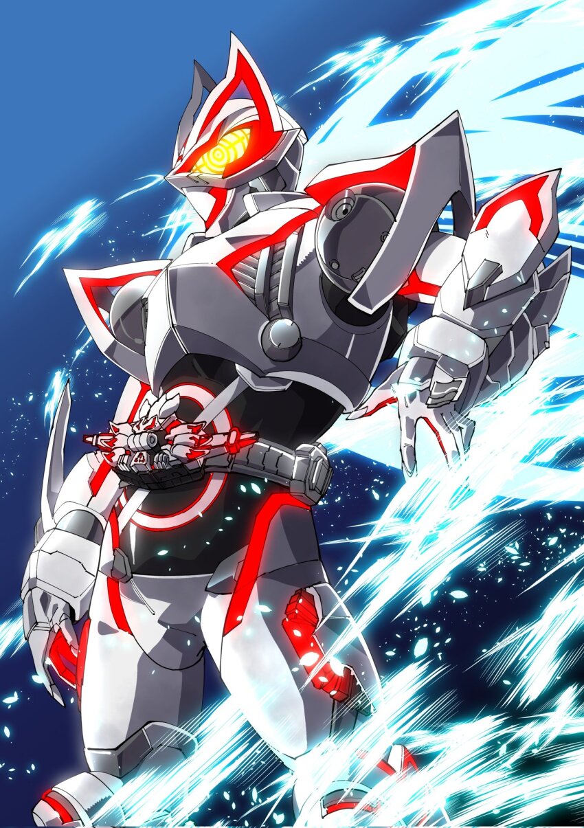 1boy amakawa_mayu armor black_background blue_background bodysuit boost_mark_ix_buckle cape commentary desire_driver flaming_eye fox_mask from_side glowing glowing_eyes helmet highres holding holding_weapon kamen_rider kamen_rider_geats kamen_rider_geats_(series) kamen_rider_geats_ix light_particles male_focus mask neon_trim rider_belt solo thighs tokusatsu weapon yellow_eyes