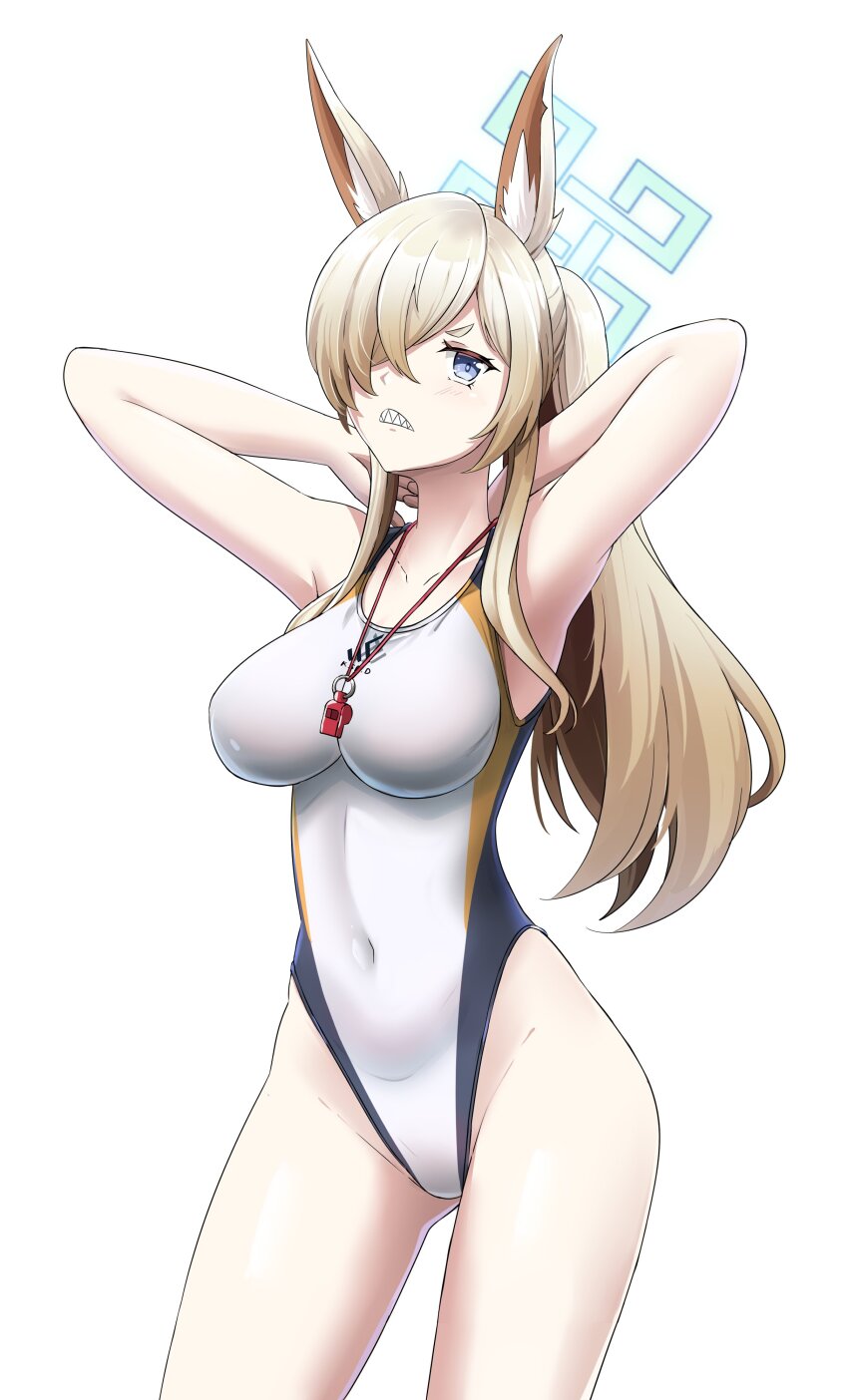 1girl absurdres animal_ear_fluff animal_ears armpits arms_up blonde_hair blue_archive blue_eyes blue_halo blush breasts competition_swimsuit covered_erect_nipples hair_over_one_eye halo highres kanna_(blue_archive) kanna_(swimsuit)_(blue_archive) large_breasts long_hair official_alternate_costume one-piece_swimsuit ponytail sharp_teeth simple_background solo sudhiro_sappurisa sweat swimsuit teeth v-shaped_eyebrows whistle whistle_around_neck white_background white_one-piece_swimsuit