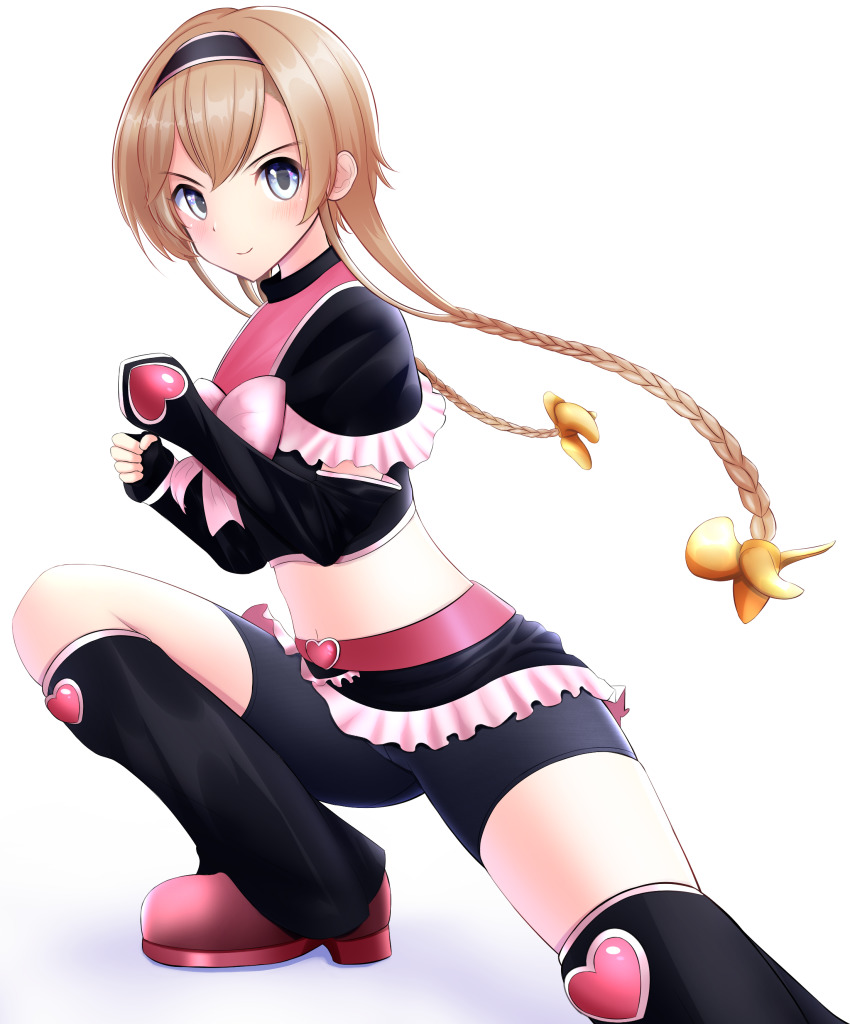 absurdres bike_shorts blue_eyes boots braid cosplay cure_black cure_black_(cosplay) futari_wa_precure hair_ornament heart highres kantai_collection light_brown_hair nokonoko precure propeller_hair_ornament simple_background solo teruzuki_(kancolle) twin_braids white_background
