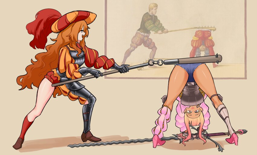 2boys 2girls absurdres armor ass bent_over blonde_hair blunt_bangs breastplate brown_eyes brown_hair centurii-chan clothing_request denim denim_shorts eyes_visible_through_hair gauntlets gradient_hair gyaru_landsknecht_(centurii-chan) hair_between_eyes high_heels highres kneehighs kneepits landsknecht_(centurii-chan) leg_warmers long_hair long_sleeves long_sword looking_at_another looking_at_viewer multicolored_hair multiple_boys multiple_girls open_mouth original pink_hair pink_leg_warmers pink_shoes projected_inset puffy_long_sleeves puffy_sleeves red_socks shoes short_hair short_shorts shorts single_kneehigh single_leg_armor single_leg_warmer single_sock socks teeth two-tone_headwear upper_teeth_only upside-down very_long_hair weapon_request